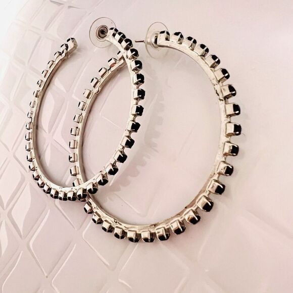Huge Open Hoop Earrings Silver Tone Black Rhinestones Elegant Fancy 4088 - Picture 8 of 11